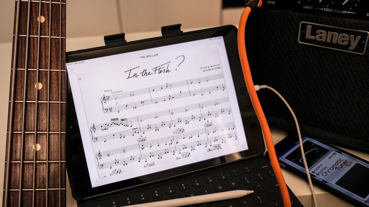 Musical notes on a laptop screen