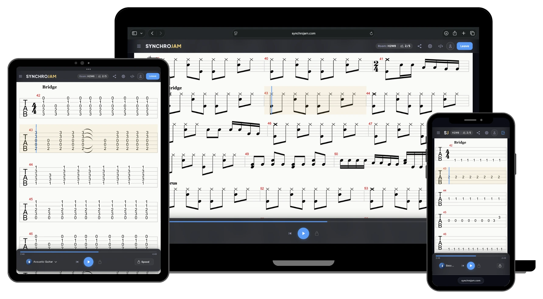 SynchroJam app shown on a laptop, tablet, and phone — all displaying the same sheet music in sync